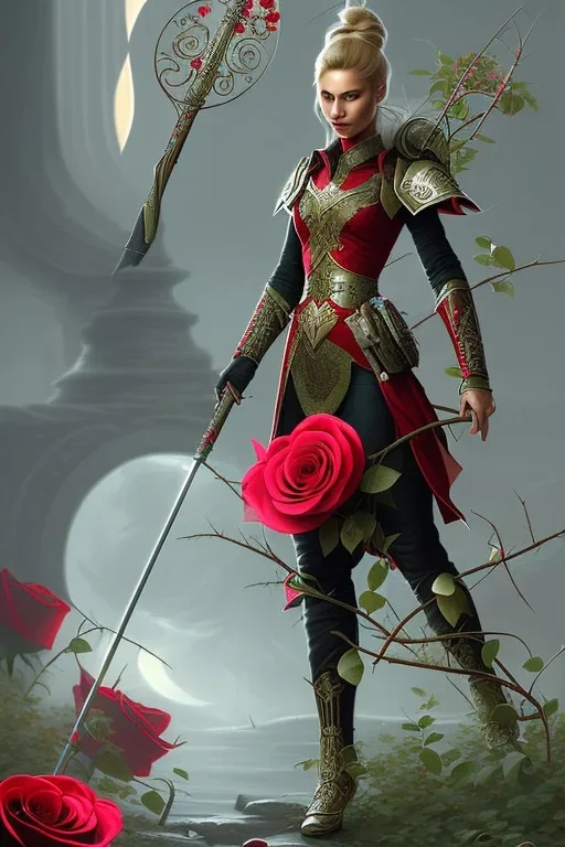 A large metal spear weapon covered in roses and thorns, realistic, fantasy,