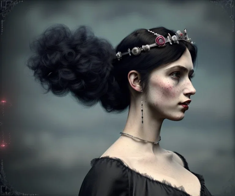 1800s, witch, victorian, portrait, choker, black curly hair, victorian dress, beautiful, silver tiara, hair headdress