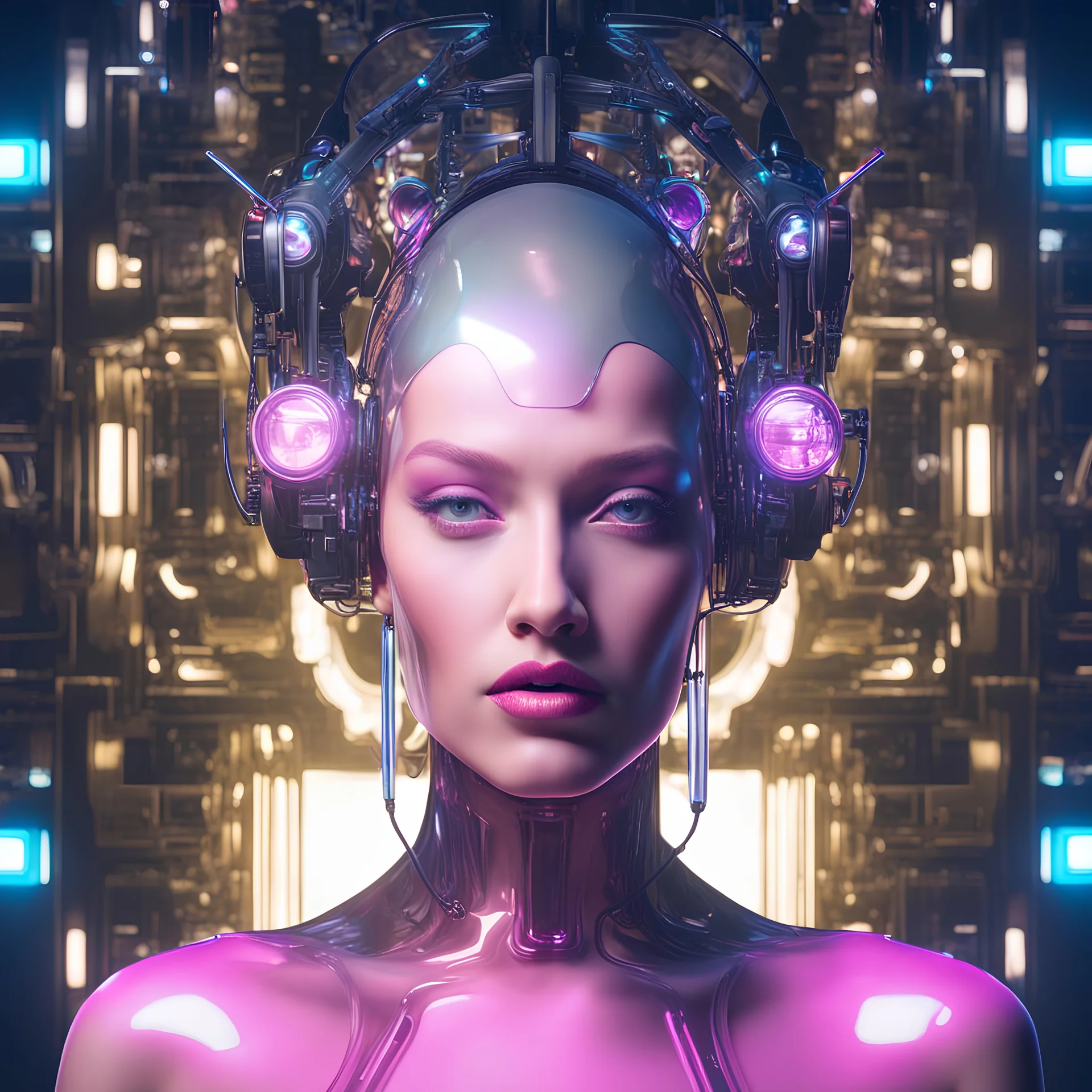 Organic sara, cyborg Ai queen with neuralink headgear, on an inter dimensional catwalk, half perfect human face, clear acrylic plastic film, full body shot, catwalk fashion show, iridescent, surreal, Salvador Dali meets pixels, aaymin,waterhead, is the name, dj style, neon pink,glowing eyes,music playing