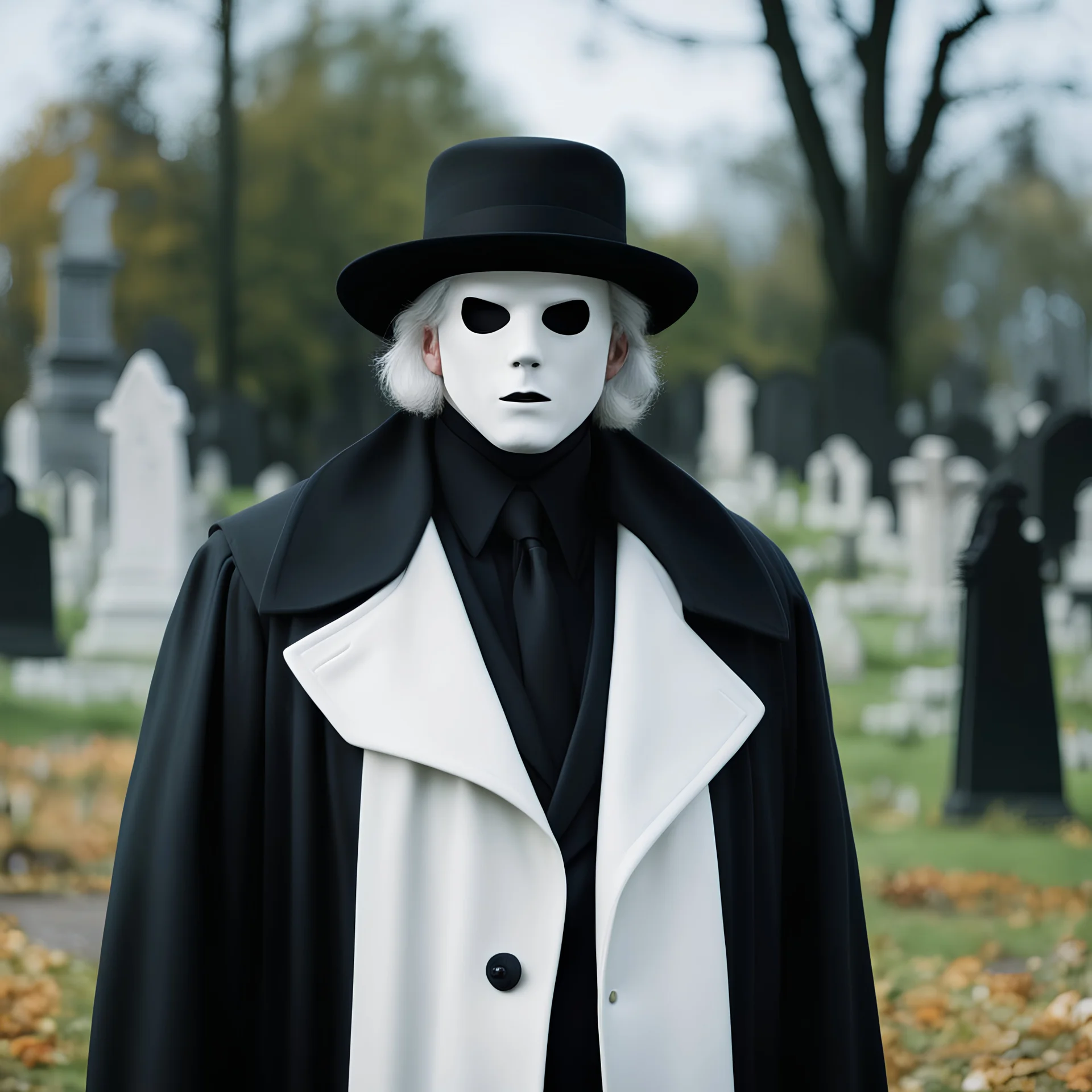 photo raw, 8k uhd, 1990s film still, man in black trenchcoat and black hat, wearing white plastic halloween mask, white hair, in a cemetary during the day, sharp focus, realistic,