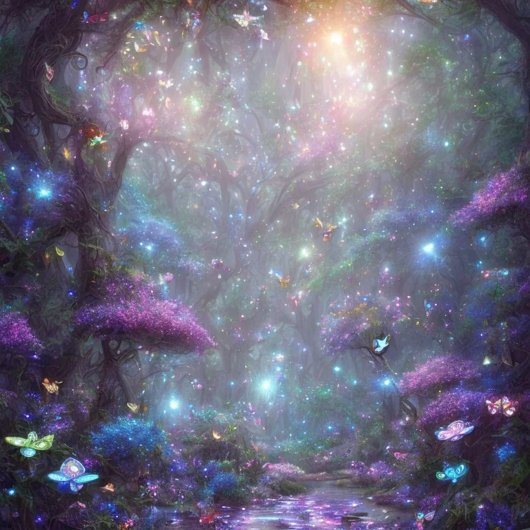 light magical forest with sparkle and jewel butterflies and blue big flowers and pink mushrooms waterfall sky