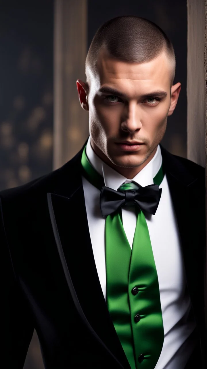 Handsome Alpha Male aged 30. buzzcut hair, five o clock shadow, wearing a black tuxedo with a green bow tie. Hyperrealistic 4k dark fantasy