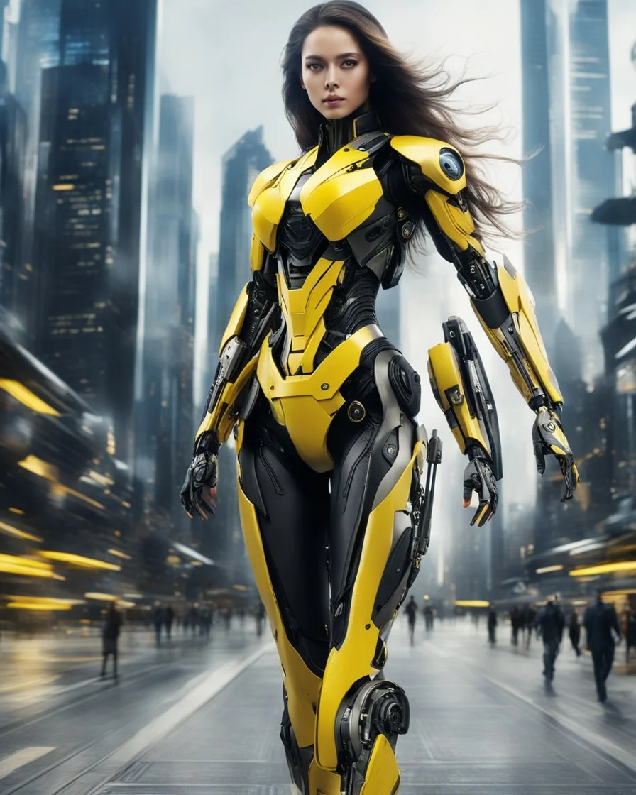 length image full body photo realistic high details beautiful woman long hair with body mechanical bLack and yellow inspired design by bumble bee transformer robot sense of luxury technology future, on run futuristic city background