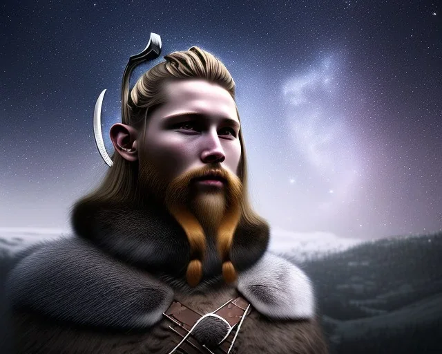 a sad and lonely viking looking up at the stars at night, hyper realistic, 8k, insane detail, atmospheric background, crying eyes, big fur coat, long braided hair, sharp focus, soft background, dynamic lighting, viking helmet, night time