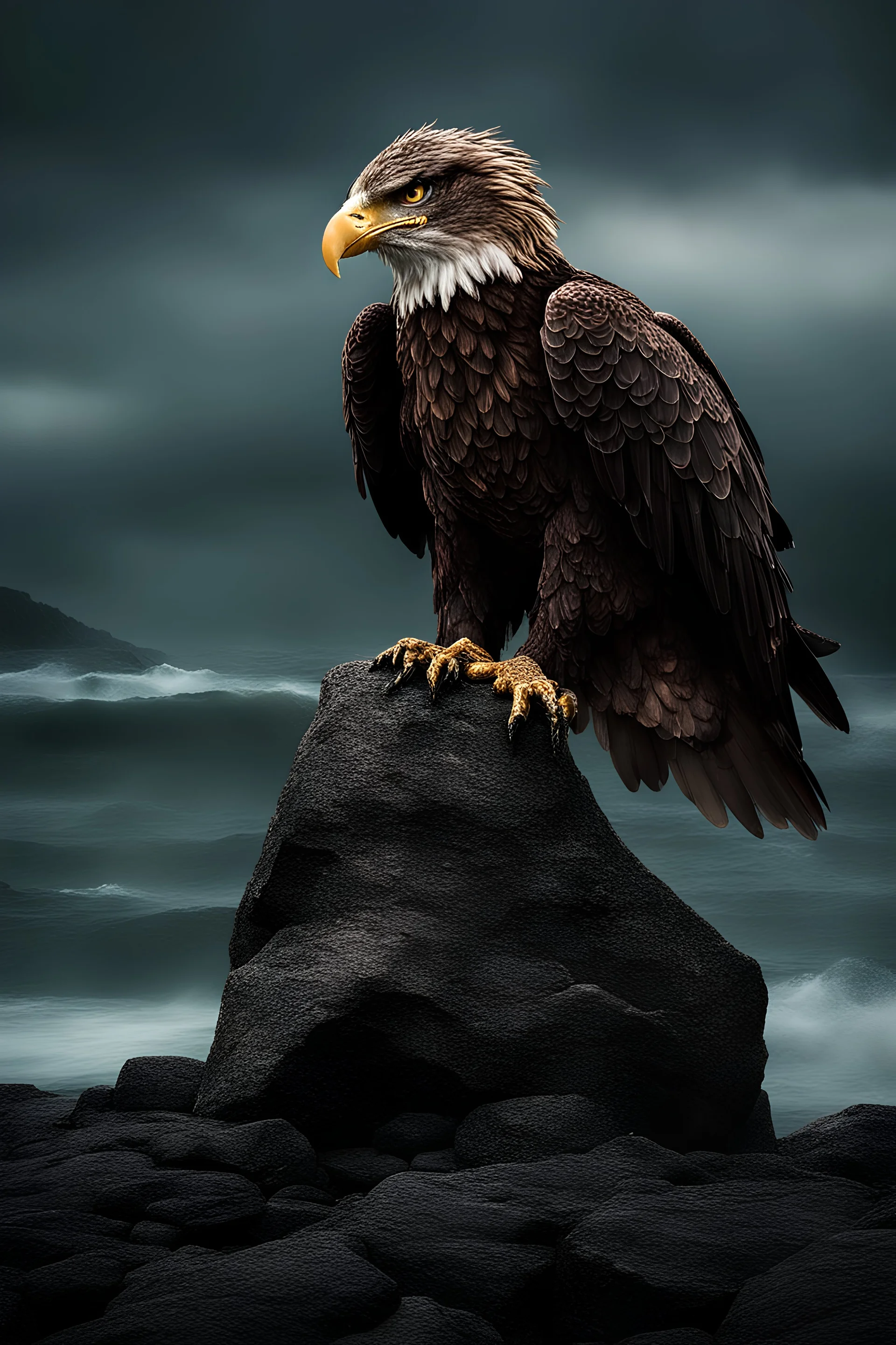 chained to a rock Prometheus and eagles peck him, rocky seashore, epic lights, dark night and storm,