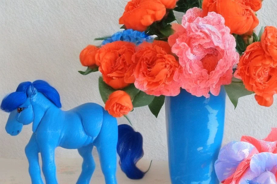 blue peonies and orange ponies