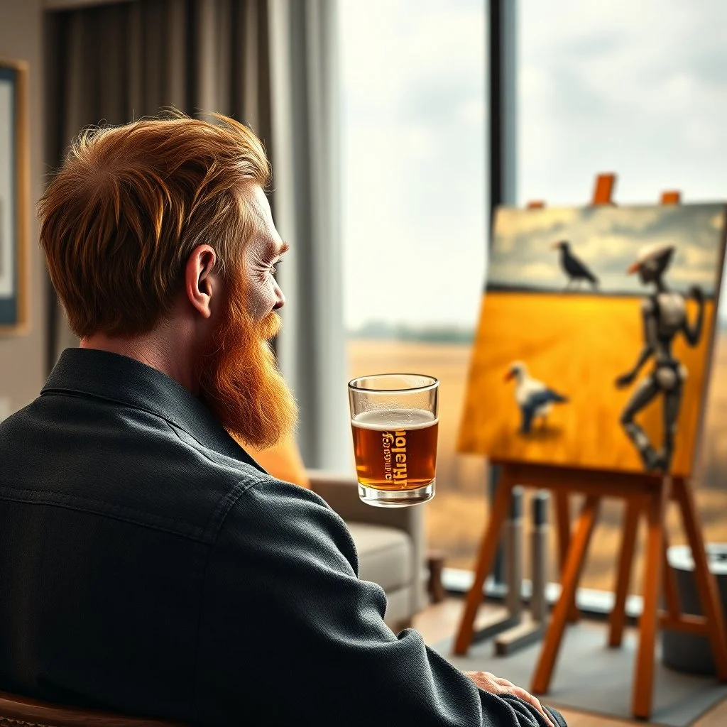 Vincent Van Gogh seen from behind. We can disting his red beard and hair. He is smiling sitted in his modern luxury apartment drinking a beer looking at a standing tired-looking sophisticated humanoid robot painting a version of "Wheatfield with Crows" at the background. The background is a bit out of focus. Ultra realistic, sharp, colorful photograph.