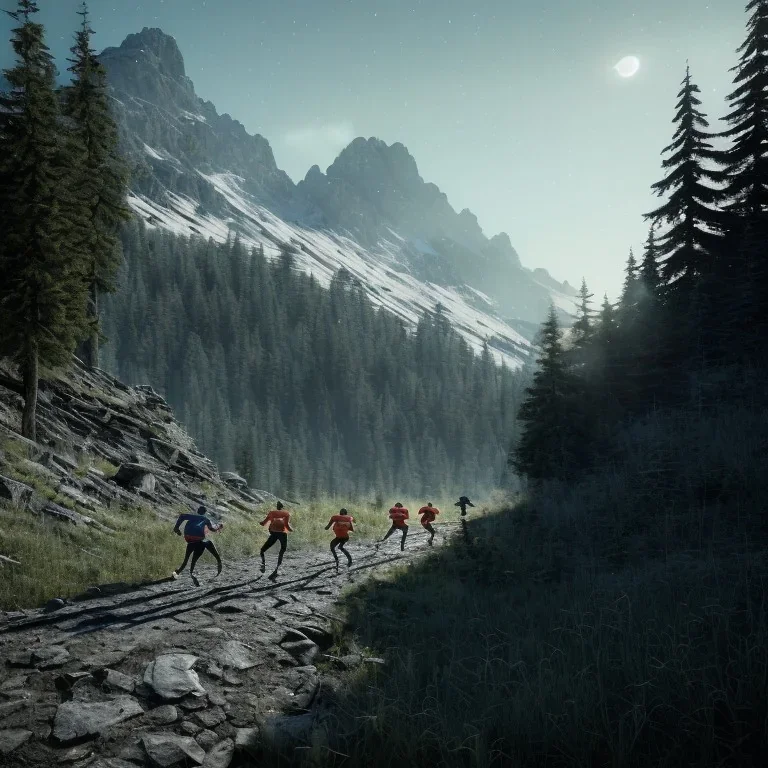 Five hunters running towards a mountain hut, sense of fear, Alps, night sky, 8k, HD, cinematography, photorealistic, Cinematic, Color Grading, Ultra-Wide Angle, Depth of Field, hyper-detailed, beautifully color-coded, insane details, intricate details, beautifully color graded, Cinematic, Color Grading, Editorial Photography, Depth of Field, DOF, Tilt Blur, White Balance, 32k, Super-Resolution, Megapixel, ProPhoto RGB, VR, Halfrear Lighting, Backlight, Natural Lighting, Incandes
