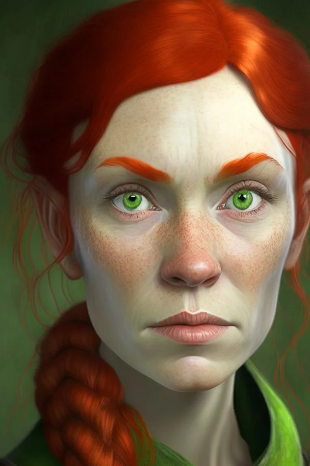 portrait of a dwarf lady, light green eyes, red hair, pronounced cheekbones and slightly square jaw