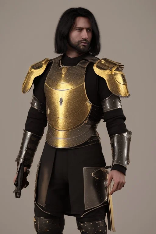 A handsome 30 year old man, black hair, male bob haircut, in black-and-gold plate armor, golden katana in both hands, no beard, european