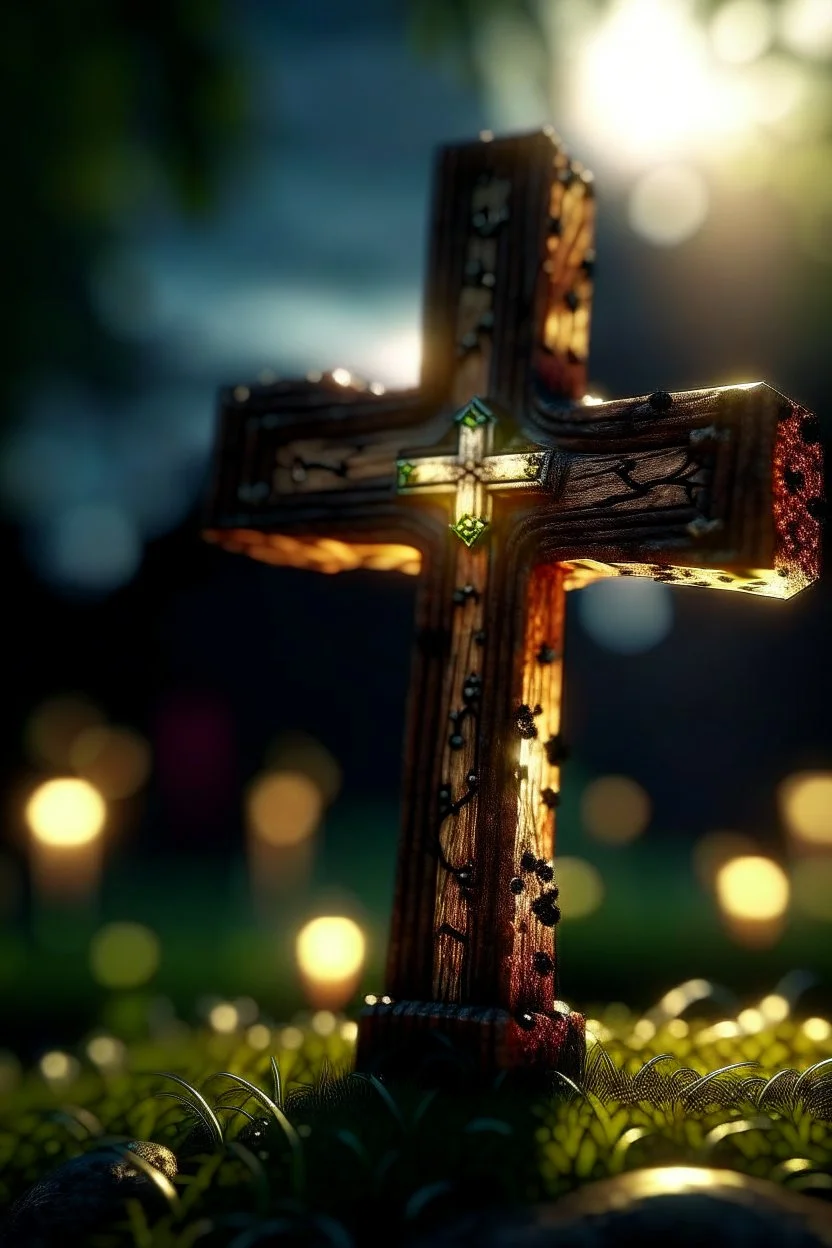 a cross with eyes like spotlights and children swinging , photo-realistic, shot on Hasselblad h6d-400c, zeiss prime lens, bokeh like f/0.8, tilt-shift lens 8k, high detail, smooth render, down-light, unreal engine 5, cinema 4d, HDR