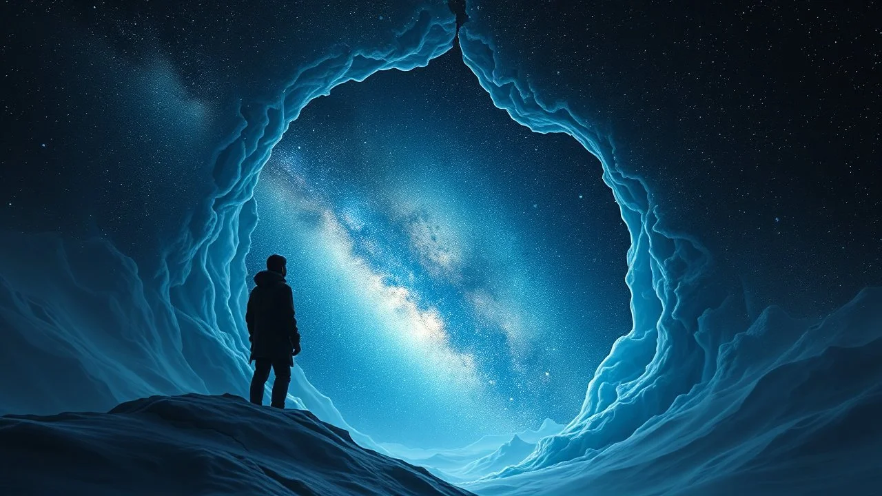 Melancholy, a solitary wanderer looking into the frozen cosmos, a vast galaxy growing from a crack in their chest while stars slowly escape into the darkness, surreal emotional symbolism, deep longing for something forever unreachable, blue-black color palette, ethereal light, breathtaking cosmic scenery, melancholic dream, masterpiece, highly detailed