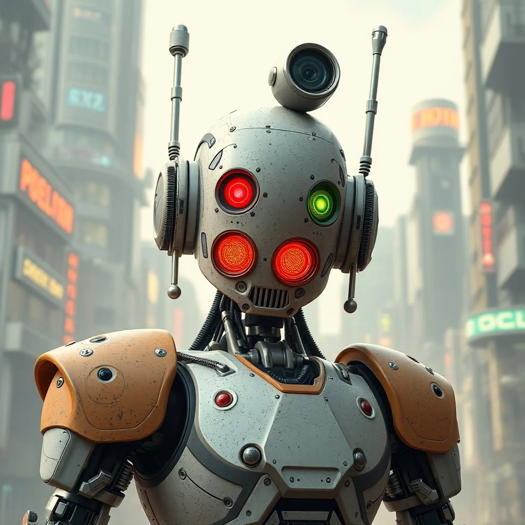 a retro-futuristic robot, dystopia, stylised, digital art, 3d render