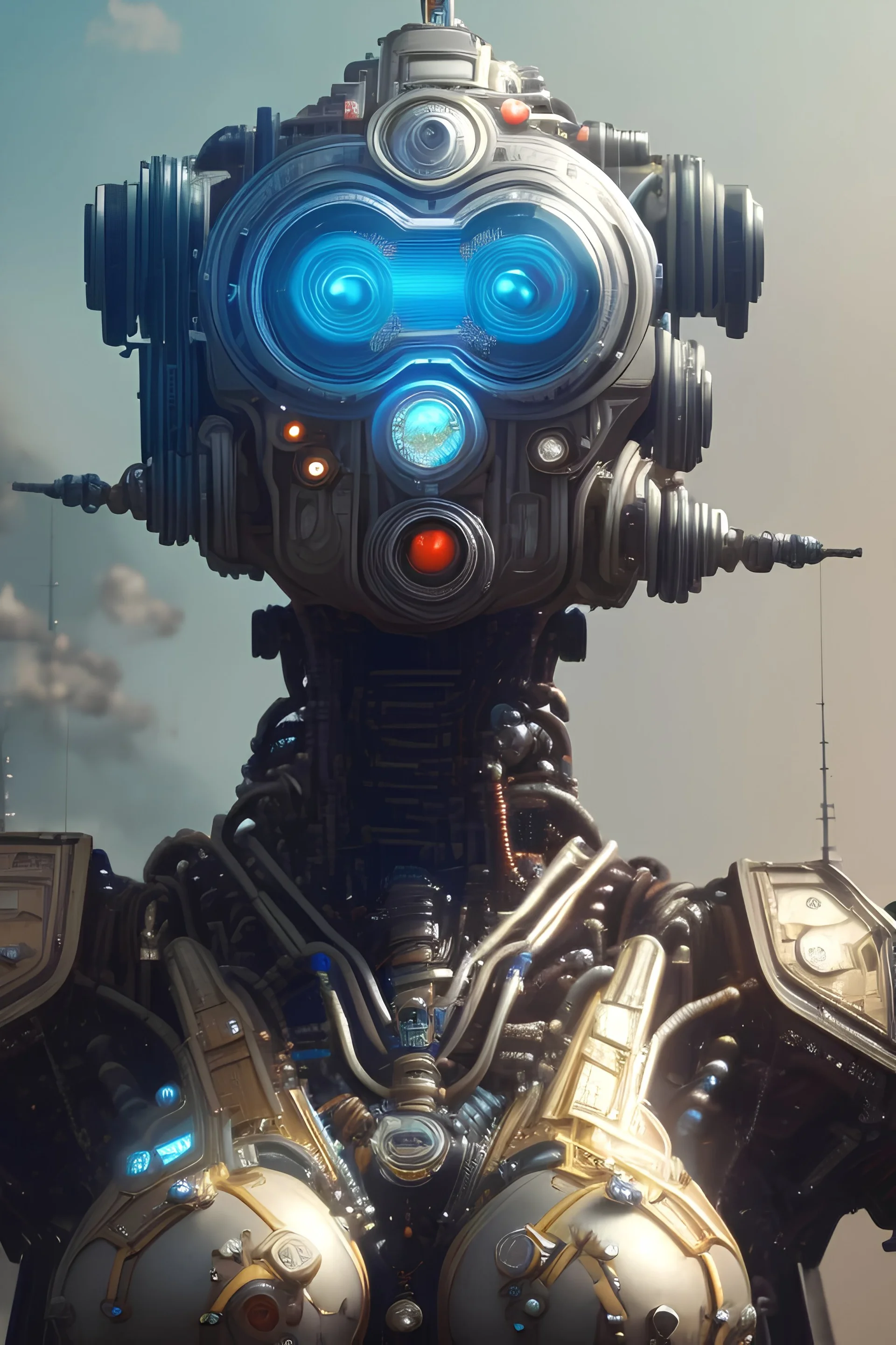 a beautiful full frame portrait digital painting of futuristic gaspunk robot, wide angle view, close-up, macro lens, centered camera, titanium accents, intricate details, small minutiae, tiny features, particulars, colorful, 8k, least ambient occlusion, volumetric lighting, volumetric clouds