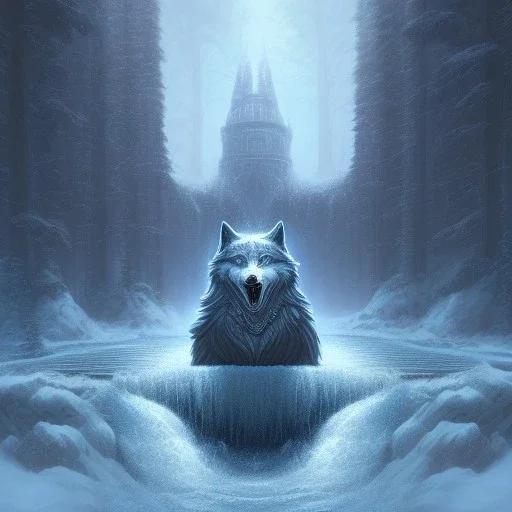 fantasy art, book cover, isometric big mad wizard in front of the ebony stairs of a bridge or dam ,icy water, on the bridge is a wolf