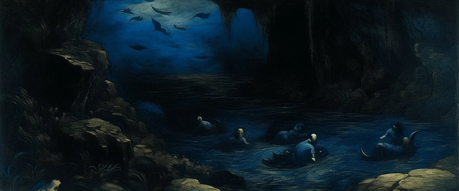 A dark blue chaotic realm with pixies painted by Albert Pinkham Ryder