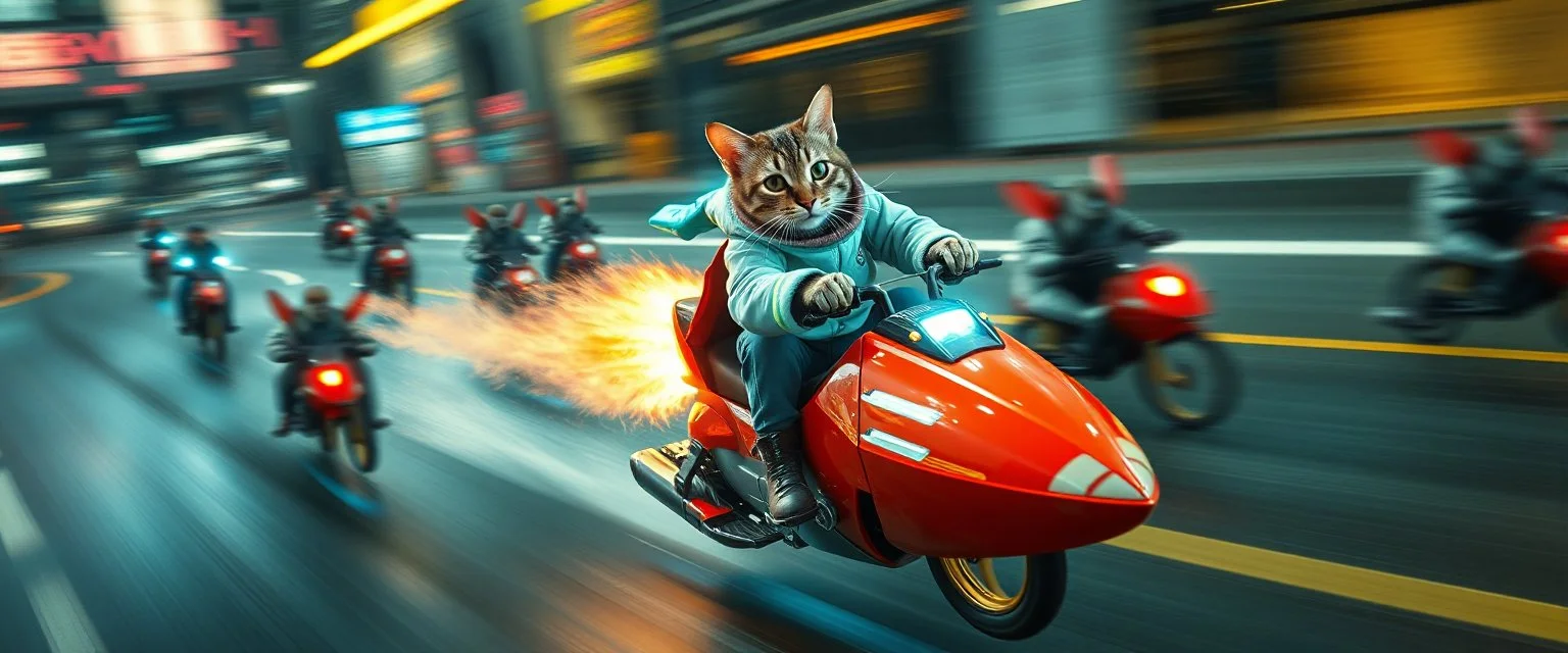 rocket ship scooter coated cat captain in high speed pursuit among neon rat cyber soldiers, with background motion blur