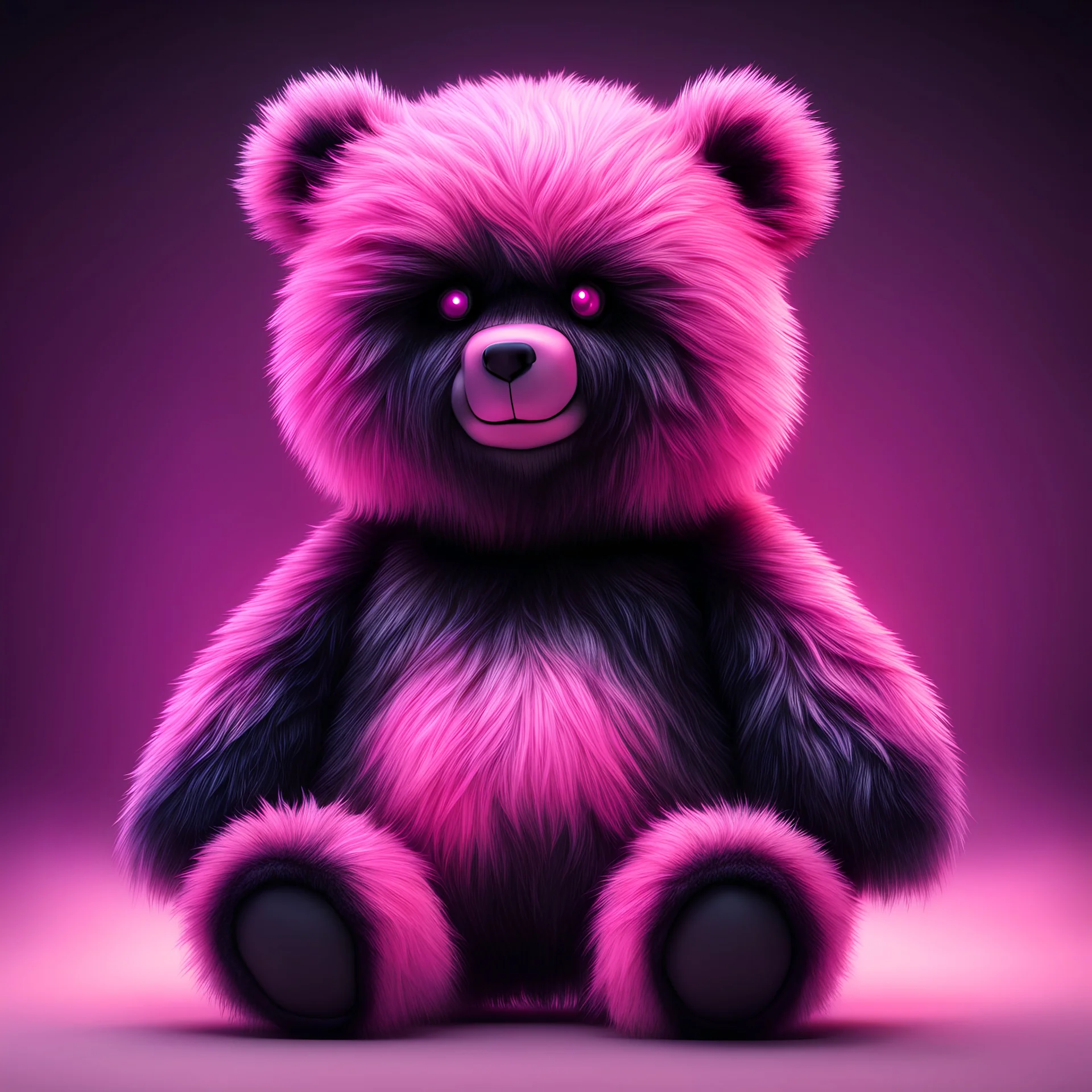monster teddy bear with black fur and a pink head in holography art style