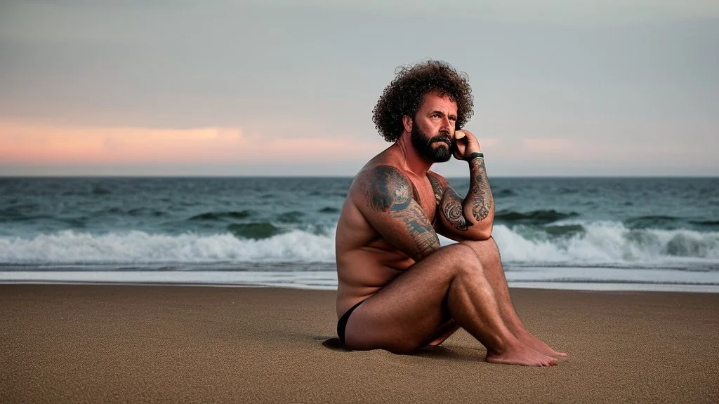 photography of a sicilian baywatcher burly sweat chubby 44 years old , swimwear, manly chest ,tattoo, curly hairs, long beard, sitting on a beach chairs at the beach at midnight , illuminated by bonfire, photorealistic, 8k, Canon EOS, 35mm lens, , unreal engine, greg rutkowski, loish, rhads, beeple, makoto shinkai and lois van baarle, ilya kuvshinov, rossdraws, tom bagshaw, alphonse mucha, global illumination, detailed and intricate environment