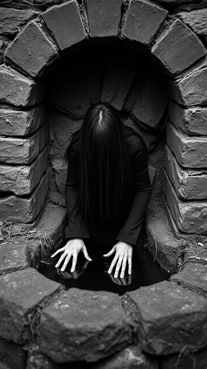 Black and white classic movie the well . A scary women wearing all black and long hair covering her face crawling out of an old well out both her hands on are touching the ground out side the well but her half of her buddy is inside , scary scene