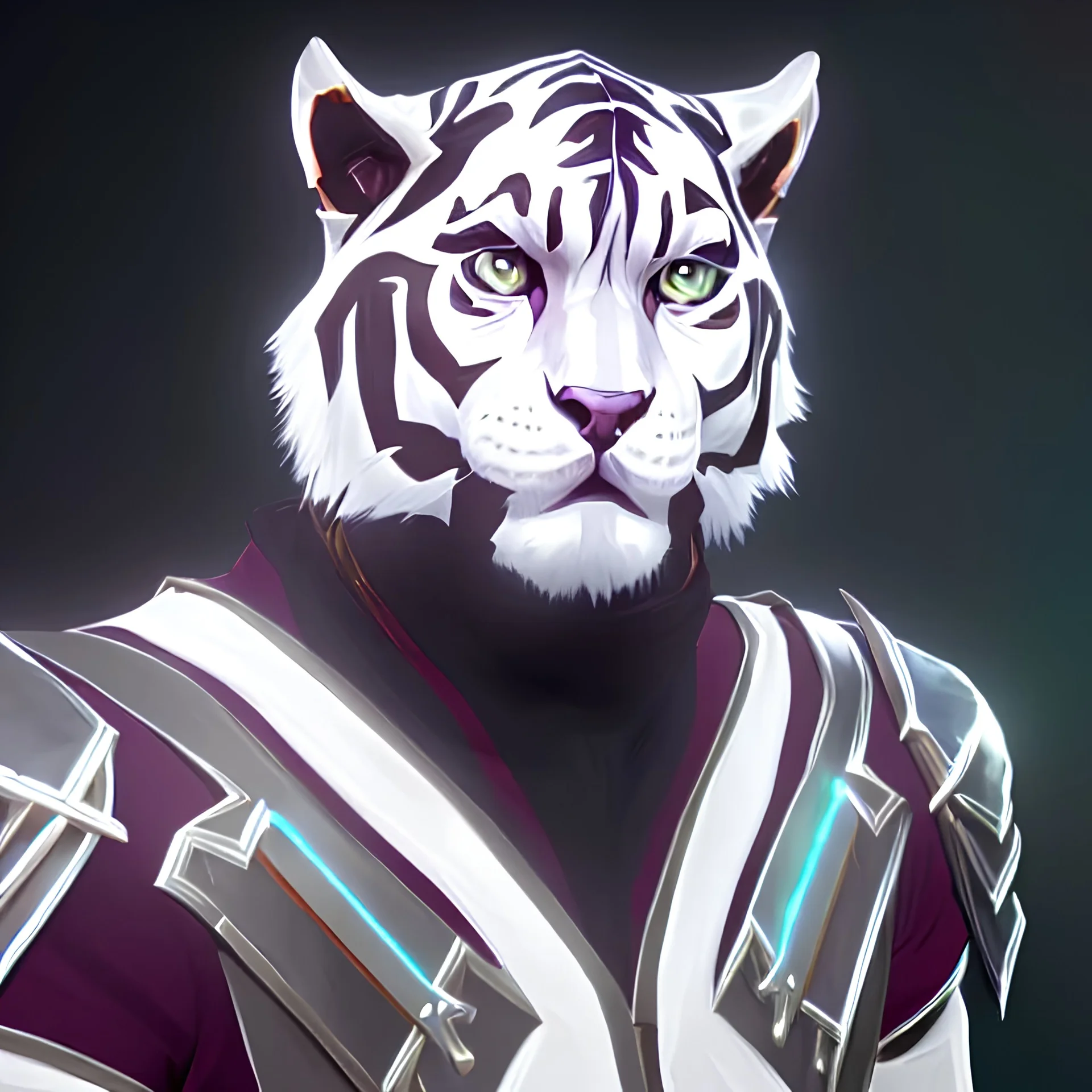 Tigre bianca che indossa un armatura d'argento con in mano una sciabola, colore vivace di sembianze umanoidi
