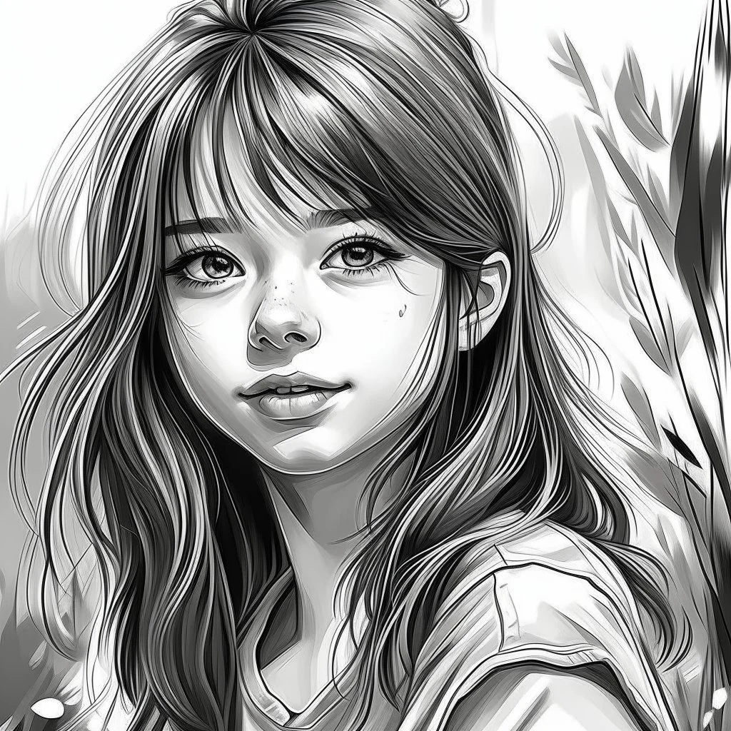 A black and white drawing, a girl beautifou draw