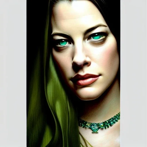 Epic Drawing of a Photorealistic dramatic hyperrealistic Liv Tyler,Crystal green eyes , elegant, with emerarld necklace, by WLOP, Artgerm ,Greg Rutkowski, Alphonse Mucha, Sandro Boticcelli, Gustav Klimt ,Beautiful ,busty, dynamic,shadows,Artstation,concept design art,Octane render,8K