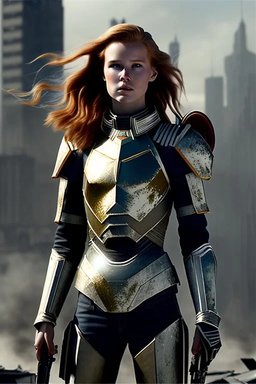 ultrarealistic, ruined city,__sci-fi armor__, __angles__, 18 year old woman, strikingly beautiful, ginger hair, _colour_, [__starlets__|__starlets__], (pale __skincolor__ skin:1.2), __camera__, _hair_, detailed face and eyes, medium breasts, leather choker, freckles, dynamic pose, resolved expression, __accessory__, strappy outfit, (straps:1.1), sword in scabard on left hip, (buckles, buttons, snaps, rings:1.0), haltertop style breastplate, detailed eyes, plump lips, sci-fi theme