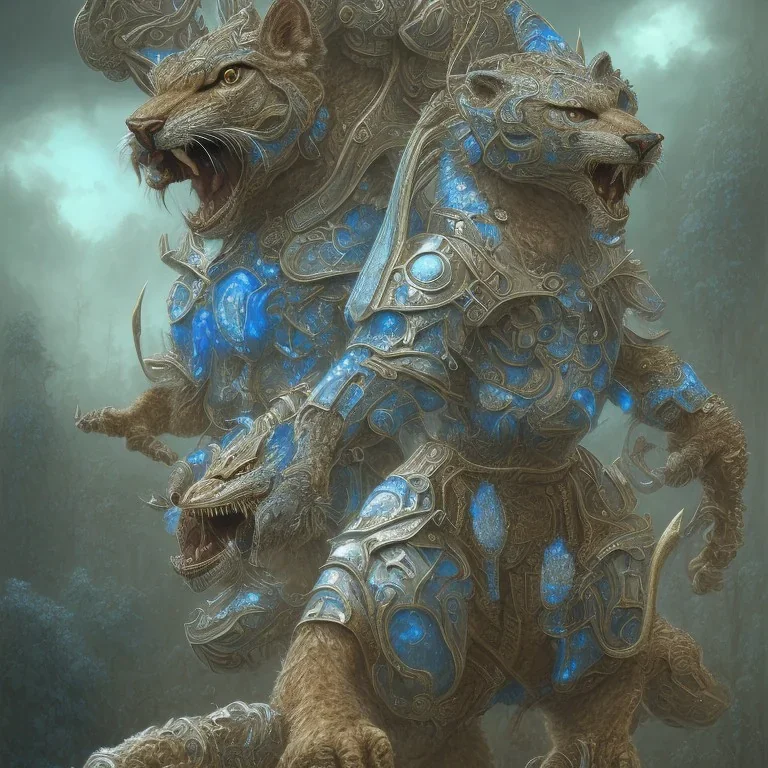 one cougar in blue and white battle armor, a highly detailed illustration, background of Inka jungle, realistic render, 8 k, micro detail, intricate, elegant, centered, digital painting, Artstation, smooth, sharp focus, illustration, artgerm, tomasz alen kopera, peter mohrbacher, donato giancola, joseph christian leyendecker, wlop, boris vallejo