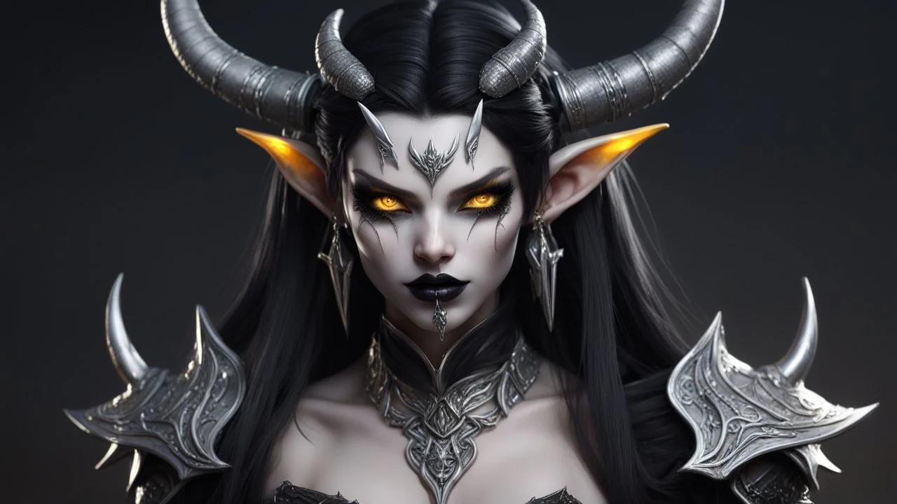 demon, female, big fangs, black hairs, elven ears, white skin, glowing eyes, black horns, yellows eyes, staff. warpoint, black lips, silver earrings, silver necklace, long ears, black makeup, ultra quality, ultra detailed, high details, highly detailed, hard-edge style