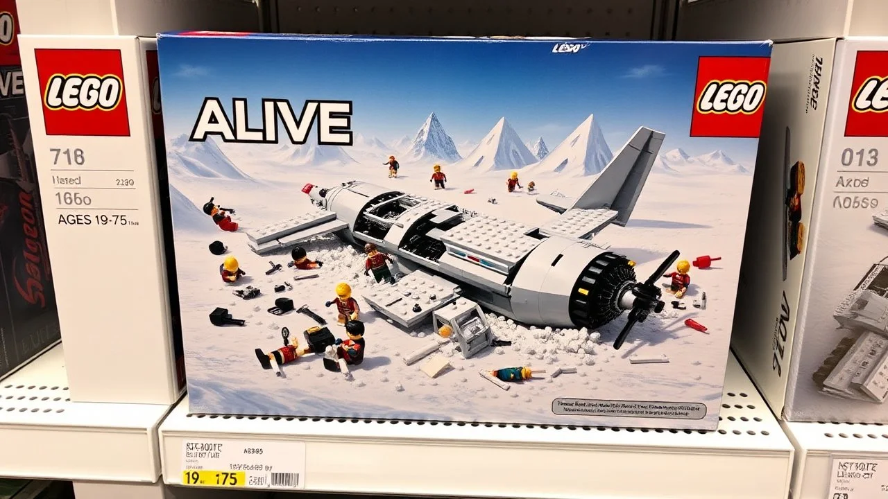 display of a box of the connecting brick-based Lego set labelled "ALIVE" on a store shelf. Box picture features lego constructed image of a badly broken up crashed fuselage buried in the snow all made in legos, dystopian, broken plane pieces strewn about, lego soccer uniform characters laying in snow, Andes in background, showing the detail of raised lego pips on tops of all surfaces, Intricate detail. Satire. text "Ages 19-75", displays the manufacturer's logo