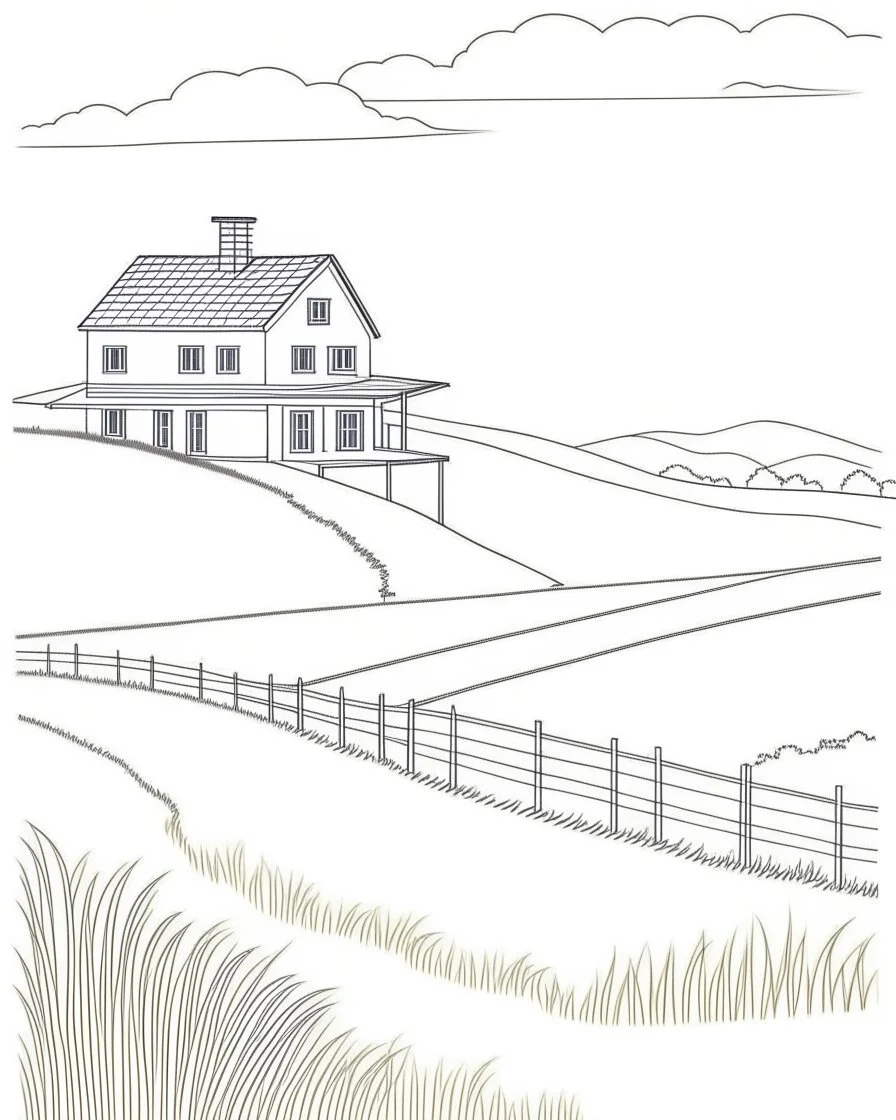 Coloring pages: A serene countryside scene with rolling hills, green meadows, and a picturesque farmhouse in the distance. The image should capture a sense of simplicity and tranquility, with an abundance of nature's beauty. Readers should be able to envision themselves strolling through the fields, feeling the gentle breeze, and immersing in the calming landscape.