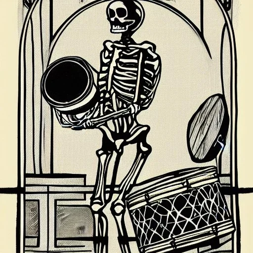 skeleton, vitruvius man, playing drums, art nouveau,