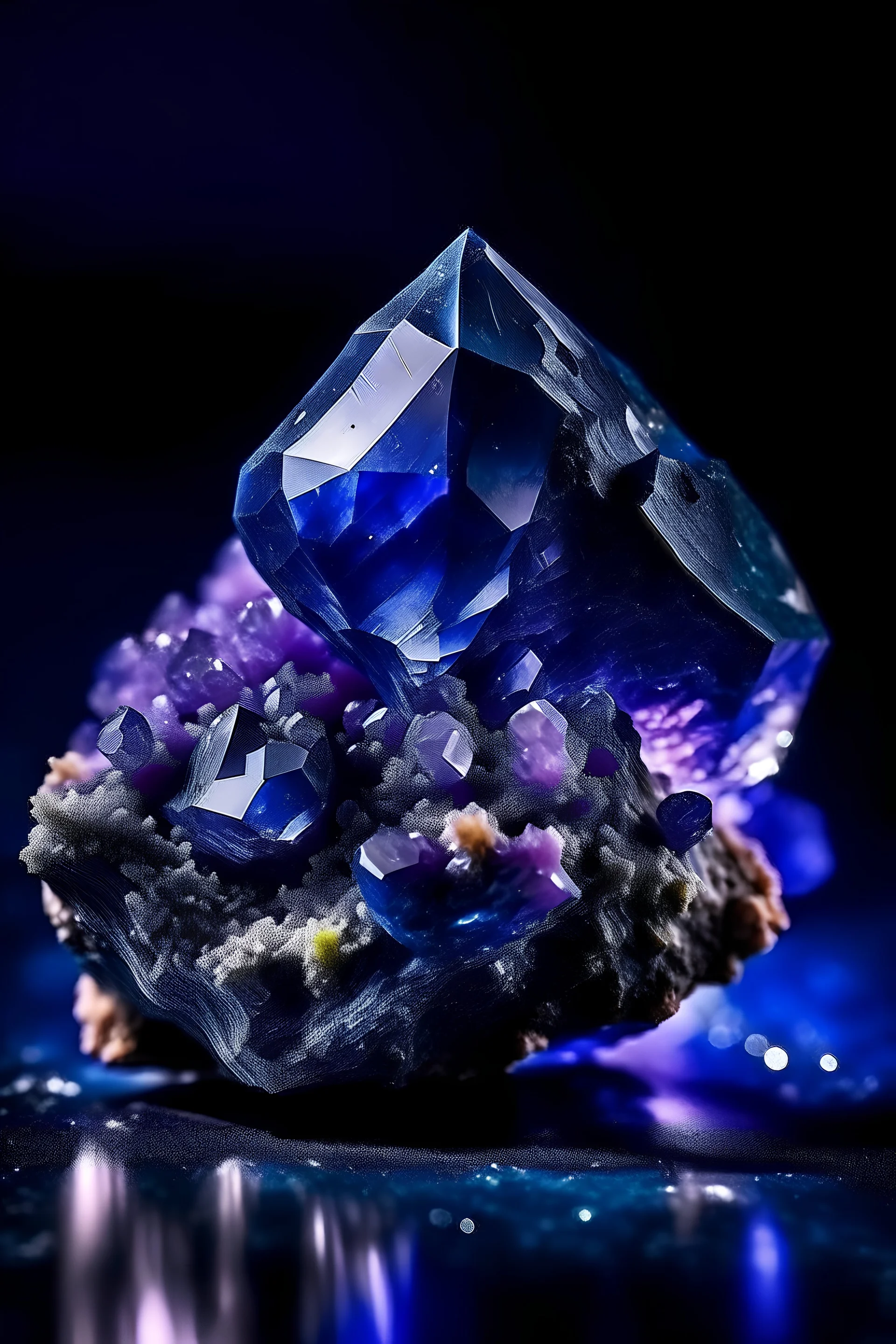 dark blue Achroite Crystal big close up stone on dark purple background