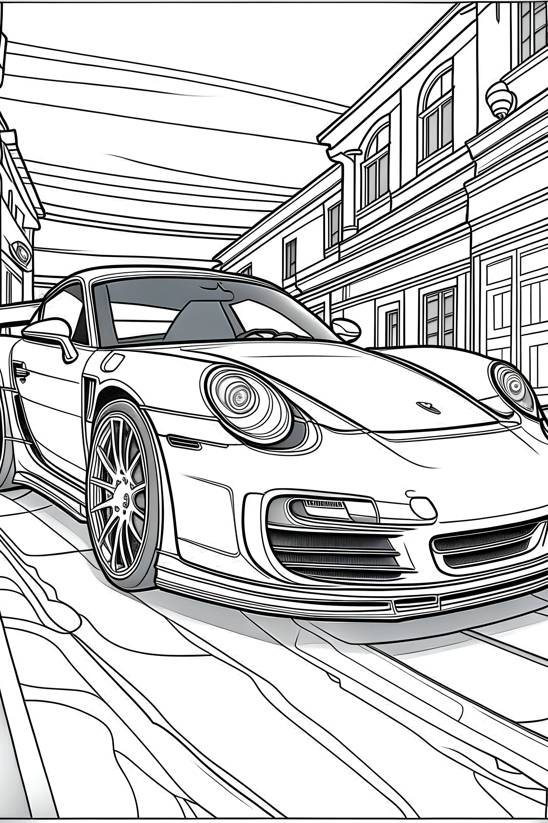 coloring page, car porsche alternative parked on the asphalt street, cartoon style, thick lines, few details, no shadows, no colors