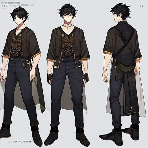 Character sheet, male, black hair, poor, cloth and leather clothes, pants