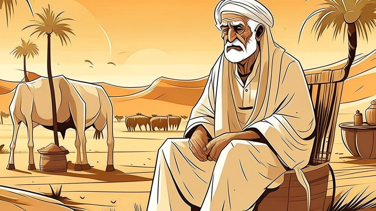 Old man, Arab, turban, white clothes, cattle, desert, council, sun, palm trees, mud houses, holding a stick, looking forward, a very slight smile.cartoon,Sitting on a chair,long beard,Mouth slightly open