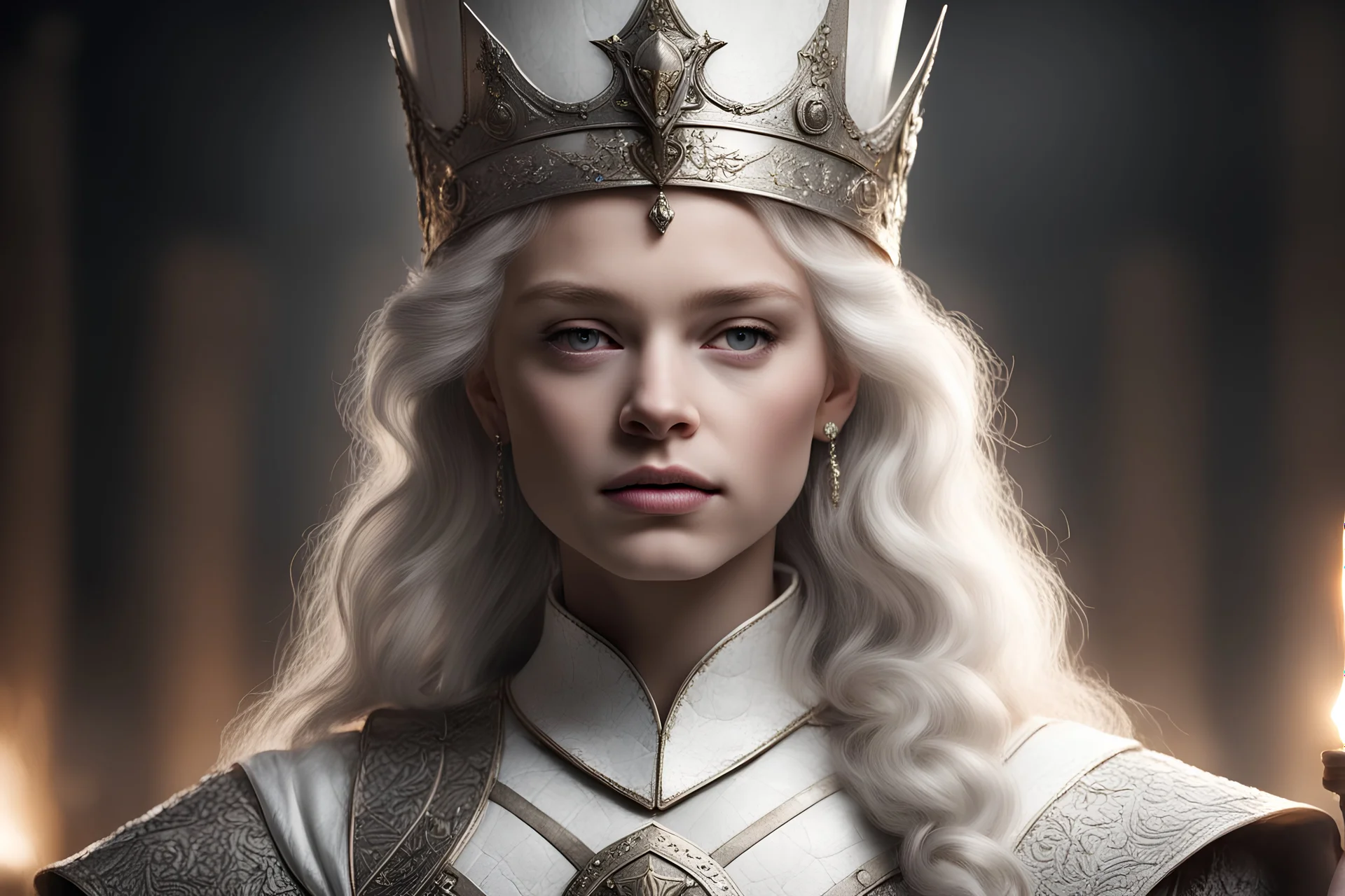 the queen, not too young, good, brave warrior, lighting, medieval, a white godness