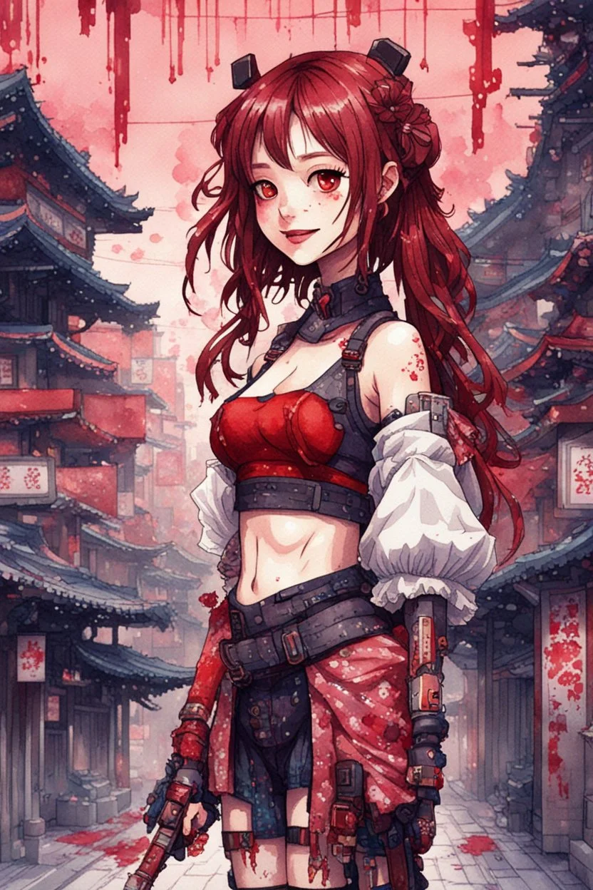 anormal, smile, blood, girl cute, full body, beautiful cyberpunk petit girl, hyperdetailed, behind made 8bits and Pixel Art, watercolor illustration by <Katsushika Hokusai>, darkred tones,