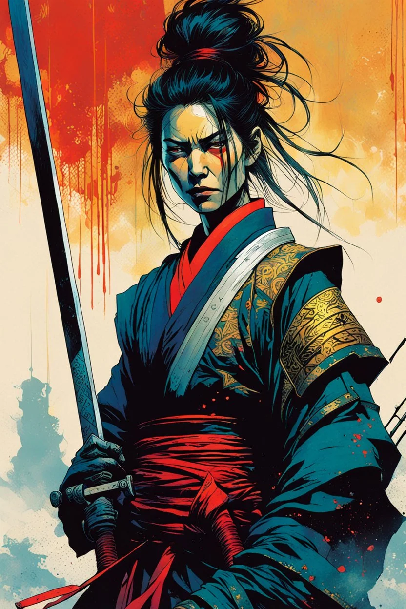 create an imaginative print illustration of an ethereal, otherworldly gaunt and withered ancient female ronin samurai vampire , in the comic book art style of Bill Sienkiewicz, Mike Mignola, and Jean Giraud Moebius, with highly detailed feminine facial features, styled after Sekiro