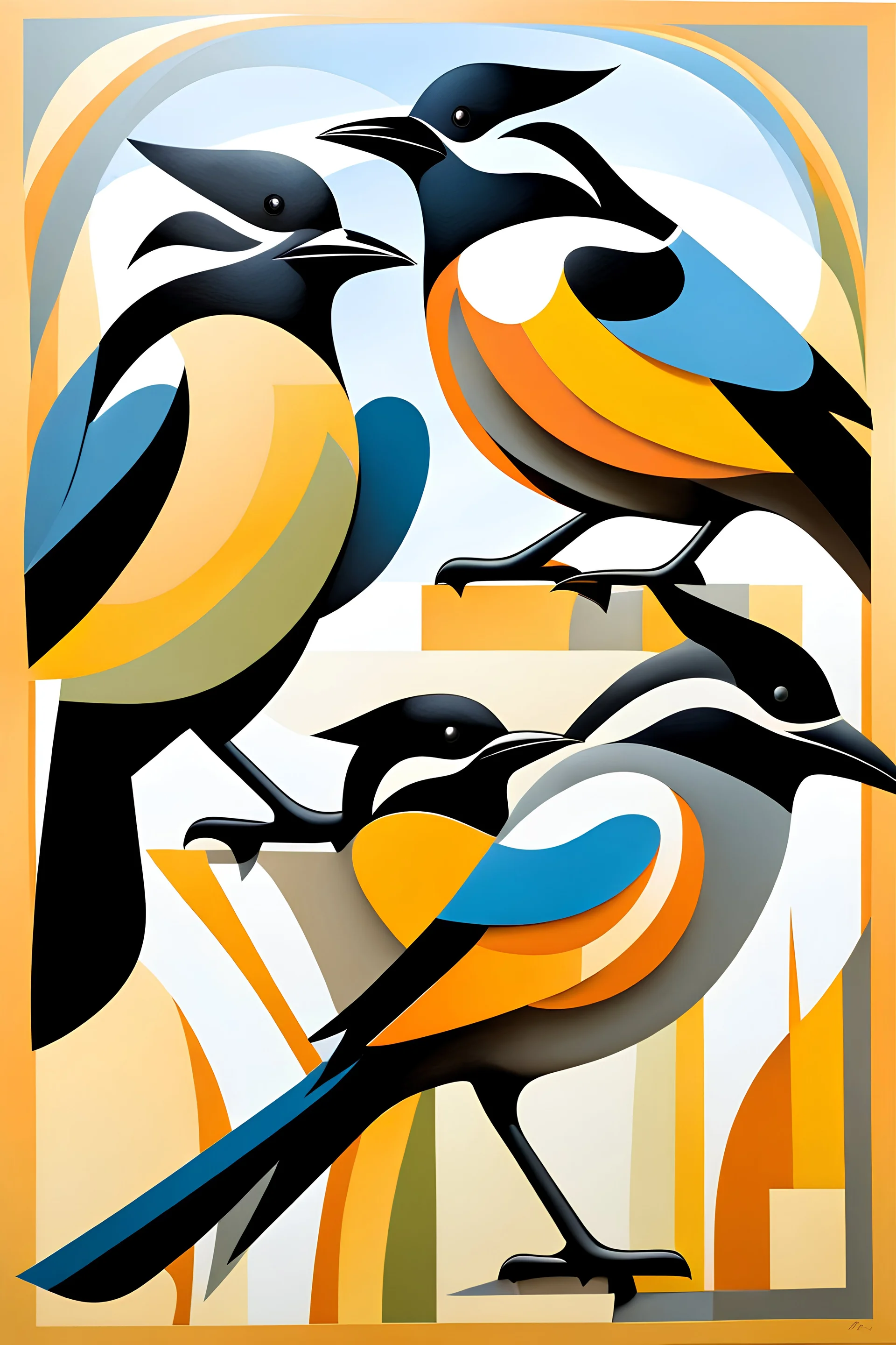 three magpies, in the style of Alexander Archipenko, Keith Mallett.