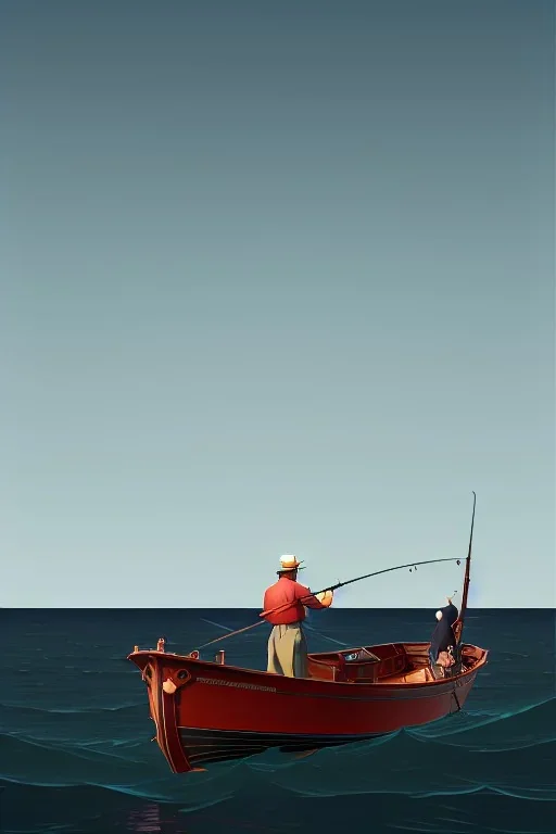 As monochrome image of a fisher in a modern fishing boat, by kawase hasui, moebius and edward hopper, colorful flat surreal design, hd, 8 k, artstation