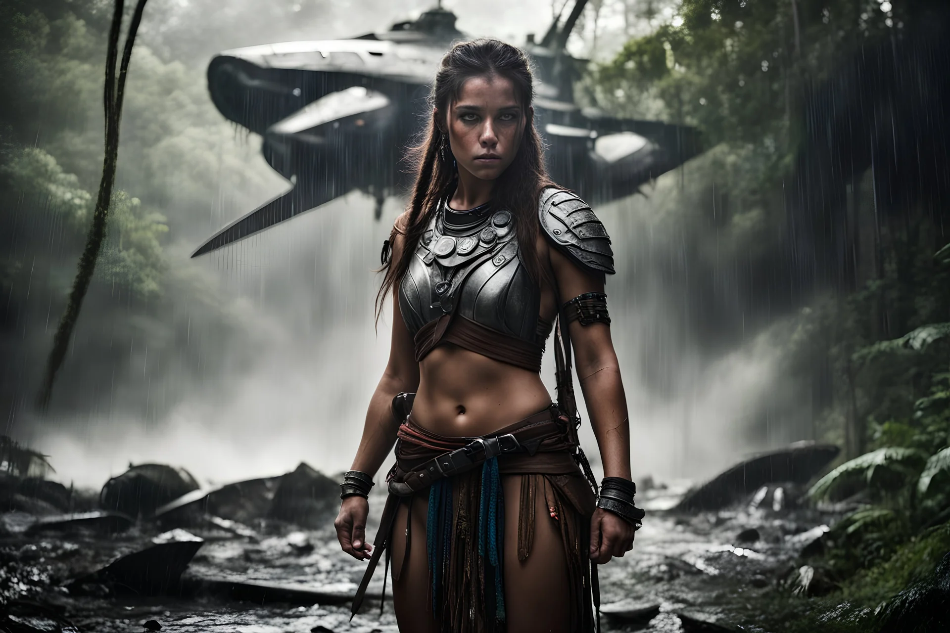 Photoreal Beautiful girl, tribal warrior, rainbow eyes, strong, sad, resilient, defiant, full body, rain forest, with family of 5 beside her, defending, Masterpiece, best quality, cinematic lighting, futuristic, standing in front of crashed spaceship, tough stance. forgotten realms fantasy style by lee jeffries, otherworldly creature, in the style of fantasy movies, shot on Hasselblad h6d-400c, zeiss prime lens, bokeh like f/0.8, tilt-shift lens, 8k, high detail, smooth render, HDR,