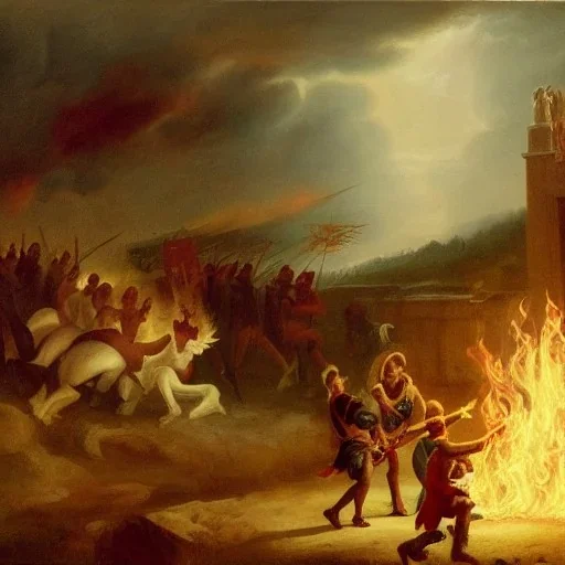 Priest smites demon with fire, armies battling in the background, romanticism.