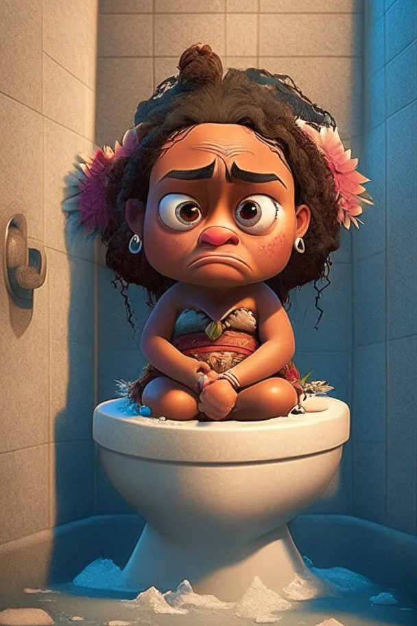 Moana sitting on a toilet