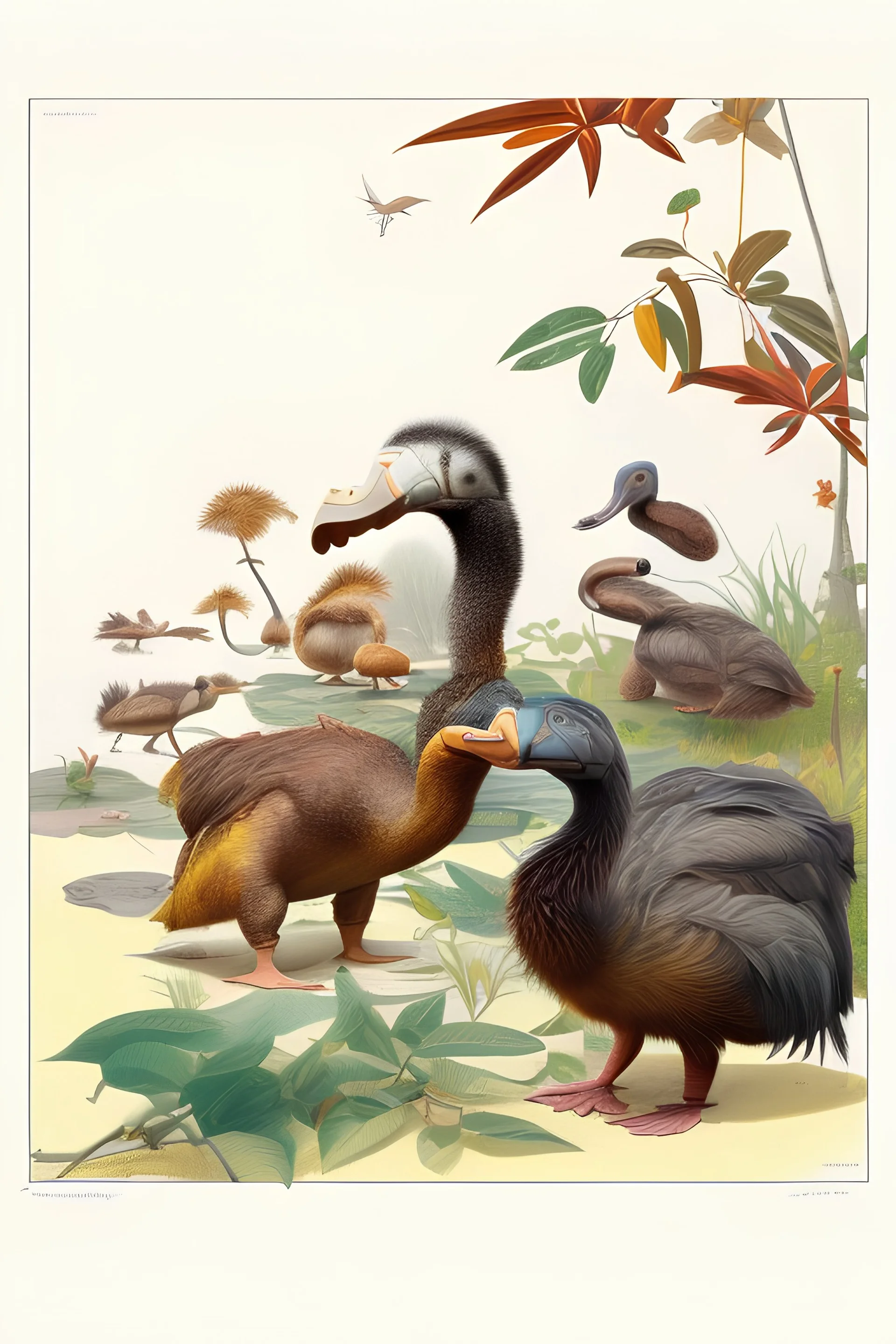 John James Audubon-like illustration of a fully uncropped Dodo bird and a Platypus in a landscape of warm yellows, warm reds, and warm blues