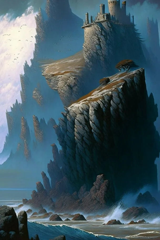 a rocky coast. A long isthmus juts out into the sea. the isthmus slopes upwards. on top of the isthmus there is a large castle. dramatic. style of Michael Whelan.