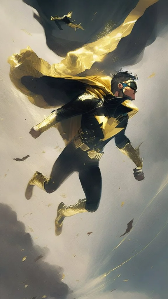 hero with gold and black clothes flying through the sky