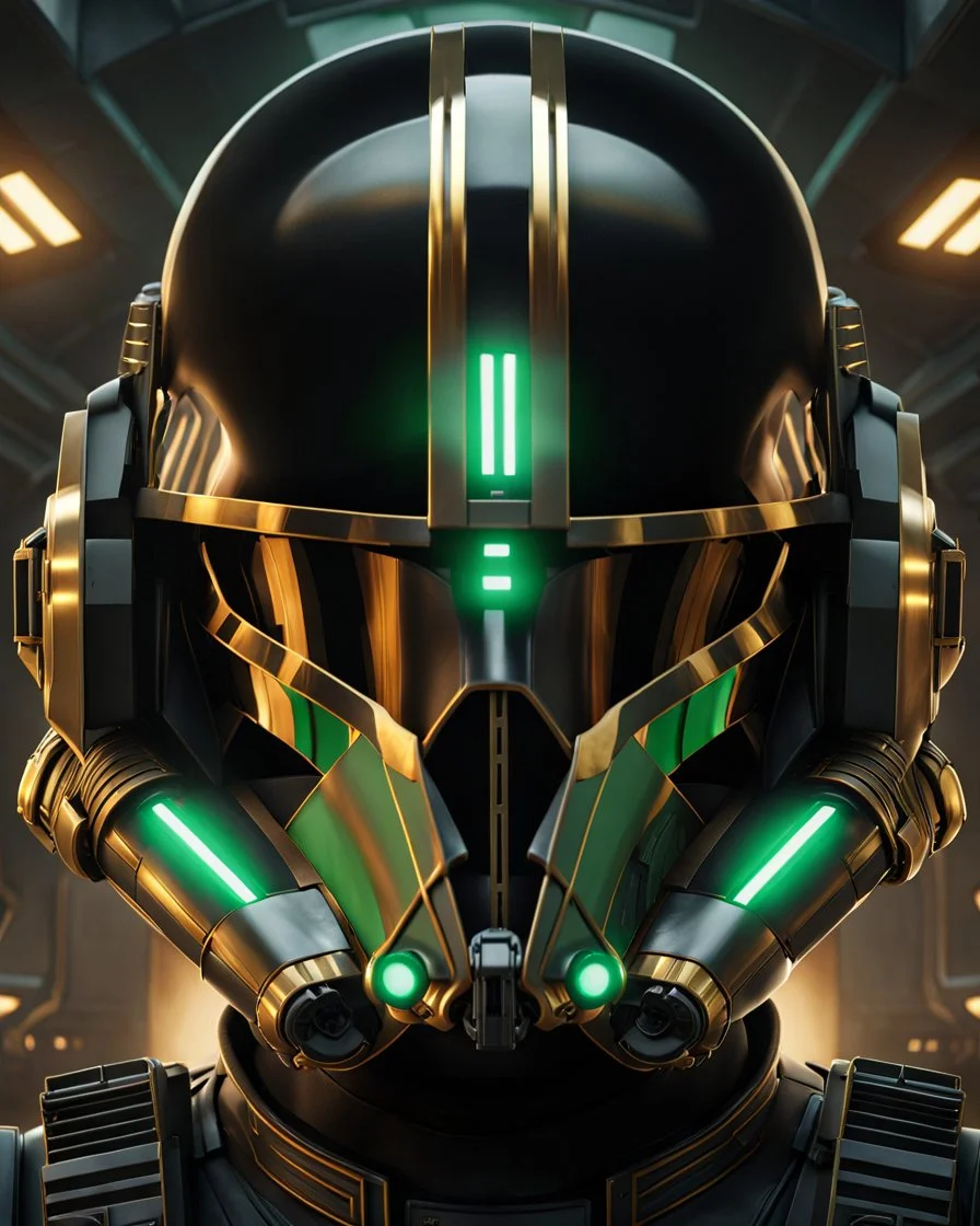 star wars bald male corellian pilot wearing black and bright gasoline green First Order special forces TIE pilot commando armored flightsuit and helmet with gold trim inside the jedi temple, centered head and shoulders portrait, hyperdetailed, dynamic lighting, hyperdetailed background, 8k resolution, volumetric lighting, light skin, fully symmetric details