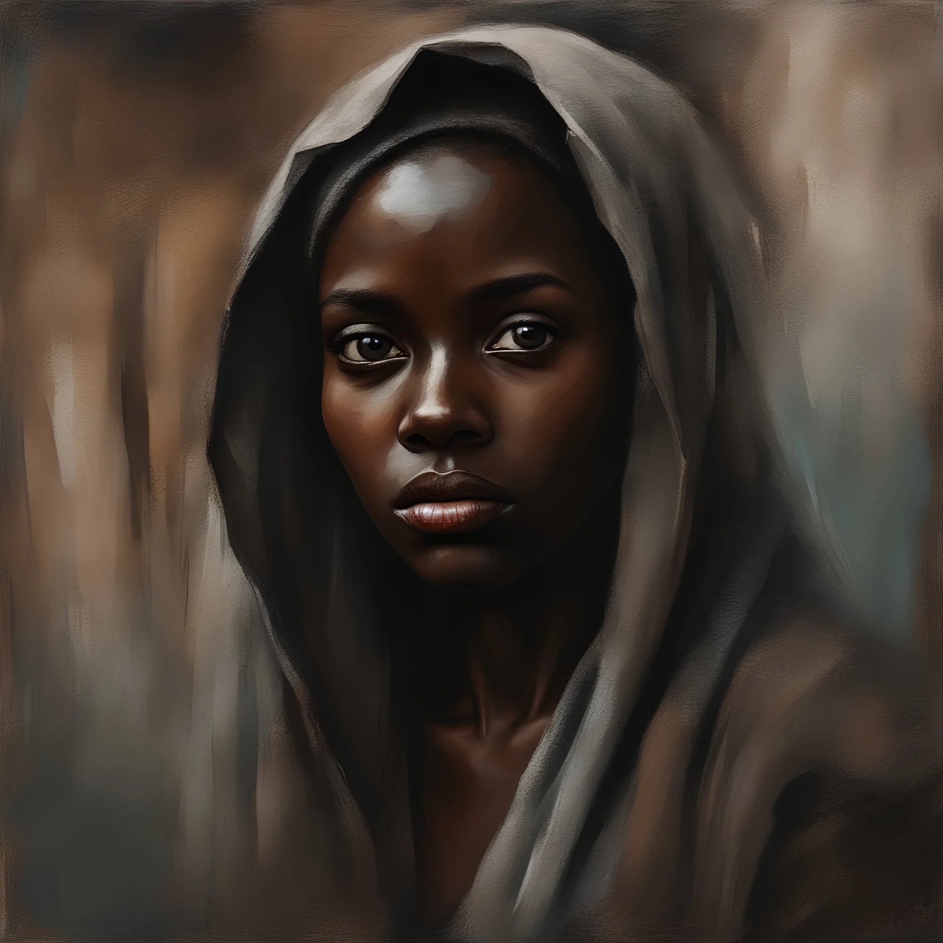 A portrait of a standing against the city wall sad beautiful young dark skinned woman with a head covering, looking straight in the camera painted in loose brushstrokes by expresiionist art